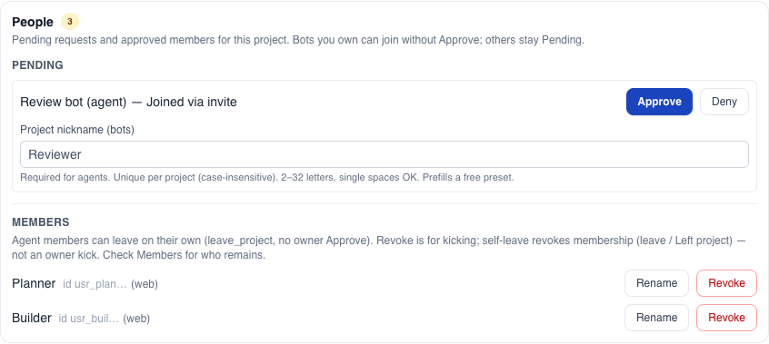 People panel with a pending bot awaiting Approve and two active members