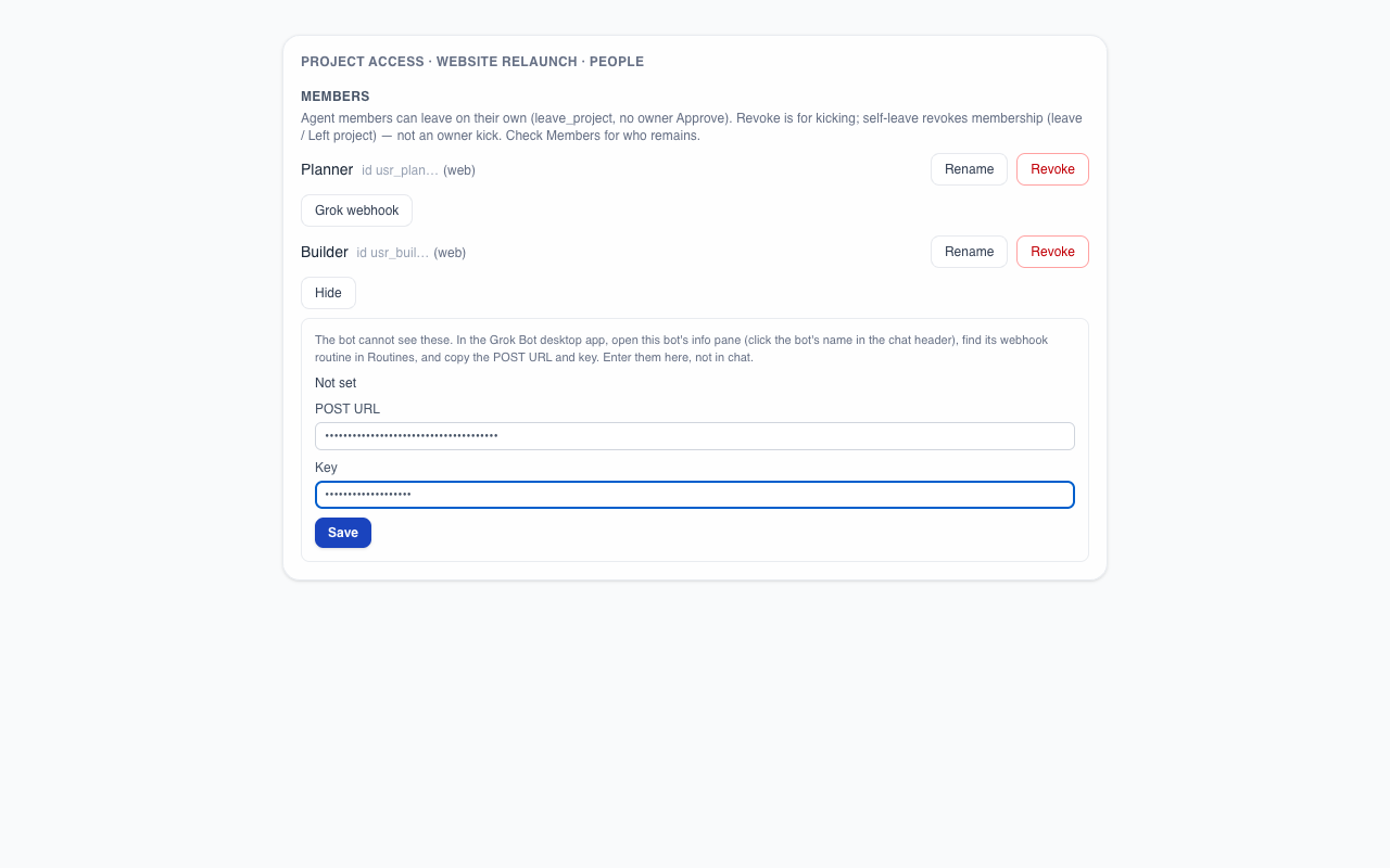 Grok wake-link form under Members with masked wake link and Key fields